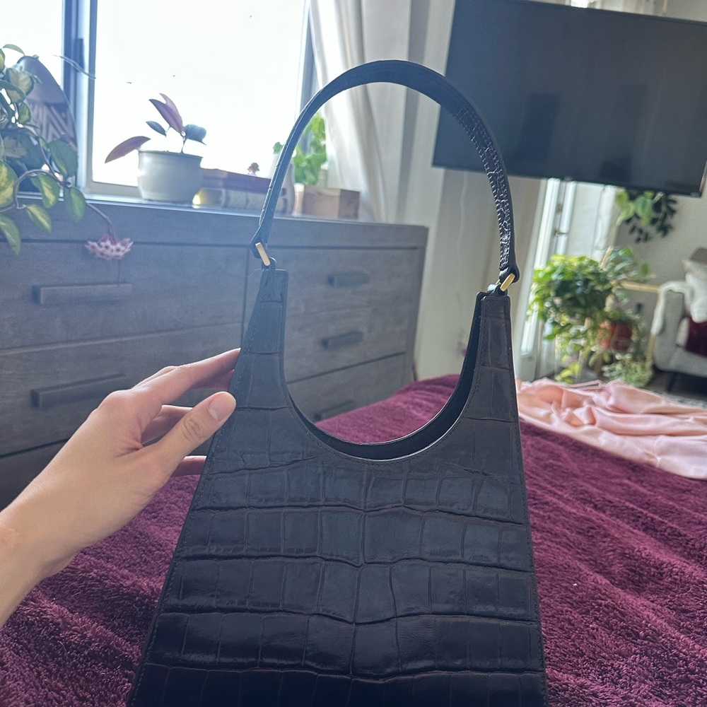 STAUD Black Croc-Embossed Shoulder Bag